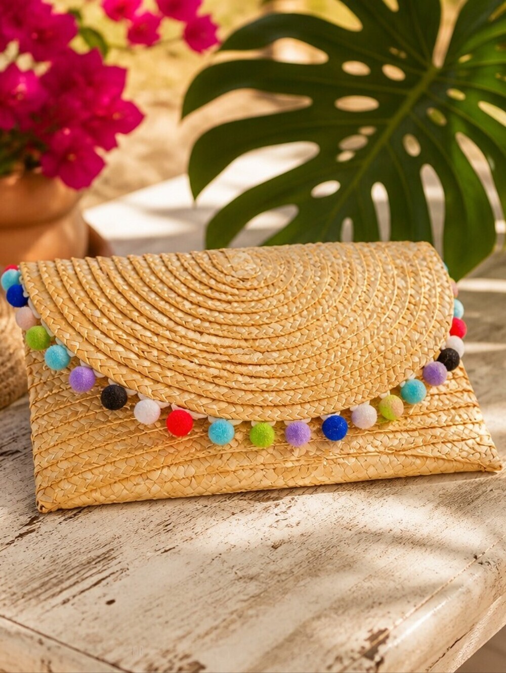 Women's Vintage Beige Summer Straw Clutch with Multi-color Pom Poms, One Size